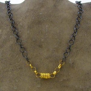 22K Gold cylinder and Silver links necklace