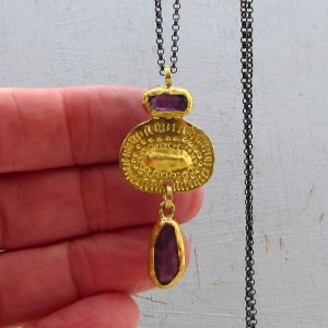 Rough Amethyst 24 karat gold pendant & silver necklace