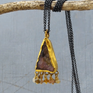 Handcrafted 24k gold rough Tourmaline pendant on silver chain