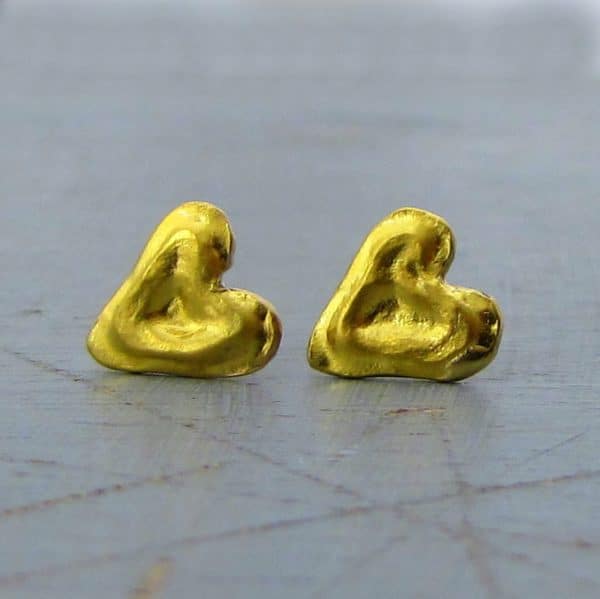 Solid 24k gold heart studs post earrings