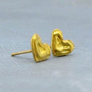 Solid 24k gold heart studs post earrings