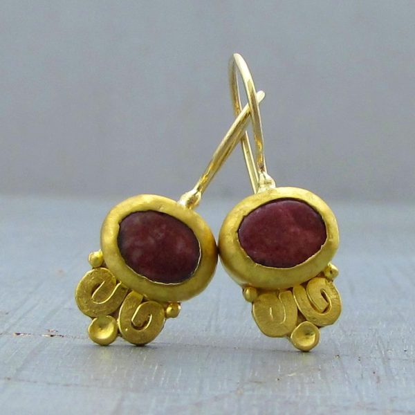 Dangle red Thulite 24 karat gold earrings