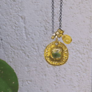 Tourmaline 22k Gold & Silver medallion charms necklace