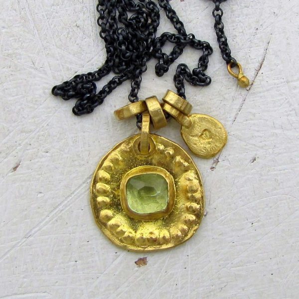 Tourmaline 22k Gold & Silver medallion charms necklace