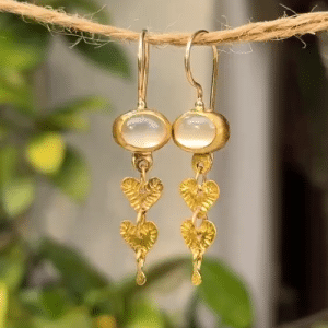 24k gold Moonstone dangle hearts earrings