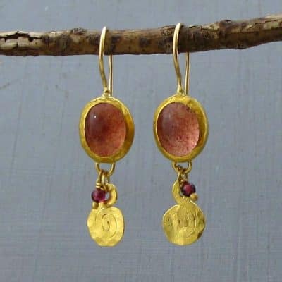 Strawberry Quartz 24k gold dangle earrings