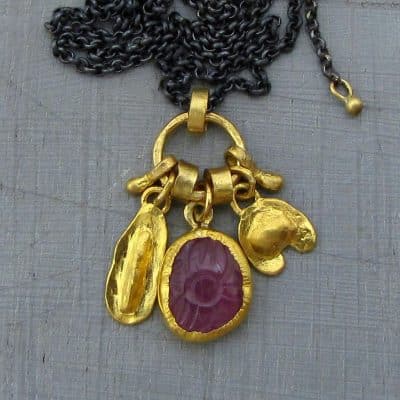 Pink Tourmalline 22k gold charms necklace