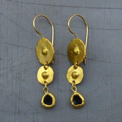 Long Onyx dangle 24k gold earrings