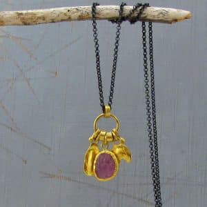 Pink Tourmalline 22k gold charms necklace