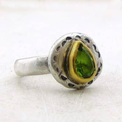 Rustic Peridot 24k gold and silver stacking ring