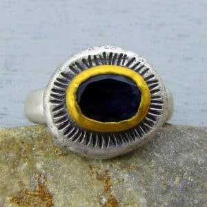 Handmade Iolite 24k gold and silver ring