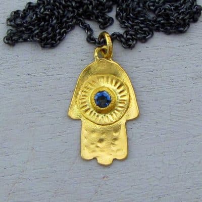 Blue Topaz 22k gold Hamsa pendant necklace