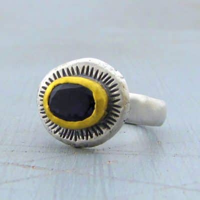 Handmade Iolite  24k gold and silver ring