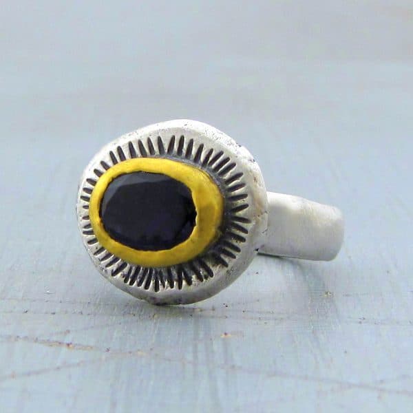 Handmade Iolite 24k gold and silver ring