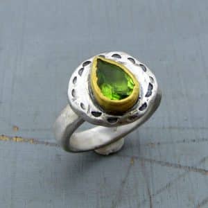 Rustic Peridot 24k gold and silver stacking ring