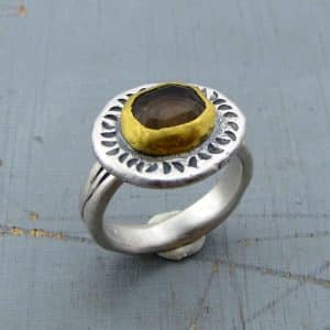 Handmade Smoky Topaz 24 karat gold and silver ring