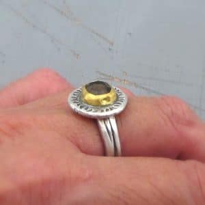 Handmade Smoky Topaz 24 karat gold and silver ring