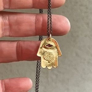 Pink Tourmaline 22k gold Hamsa pendant necklace