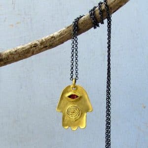 Pink Tourmaline 22k gold Hamsa pendant necklace