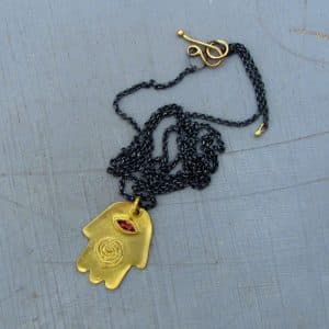 Pink Tourmaline 22k gold Hamsa pendant necklace