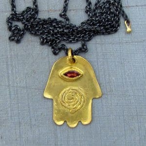 Pink Tourmaline 22k gold Hamsa pendant necklace