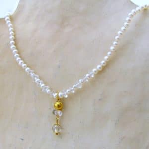 White pearl and clear Quartz 24k gold necklace