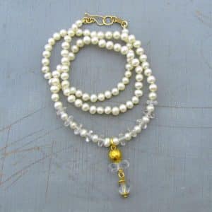 White pearl and clear Quartz 24k gold necklace