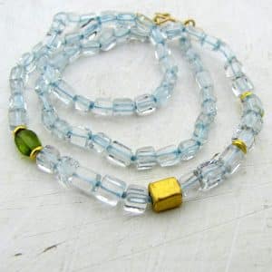 24k gold Aquamarine and Peridot beads necklace