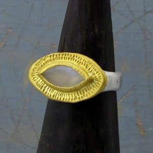 Rough Rainbow Moonstone 24k gold and silver signet ring