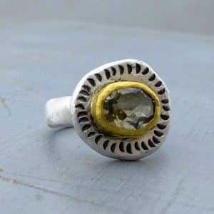 Rustic 24k Gold and Silver green Amethyst ring