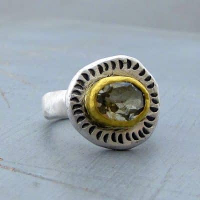 Rustic 24k Gold and Silver green Amethyst ring