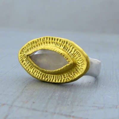 Rough Rainbow Moonstone 24k gold and silver signet ring