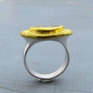 Rough Rainbow Moonstone 24k gold and silver signet ring