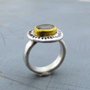 Rustic 24k Gold and Silver green Amethyst ring