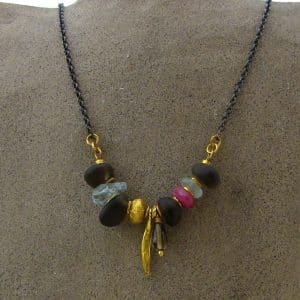 Solid 24k Gold and Gemstone Beads Necklace