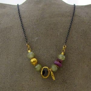 24k Gold Garnet, Agate and Ruby beads necklace