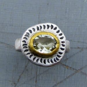 Rustic 24k Gold and Silver green Amethyst ring