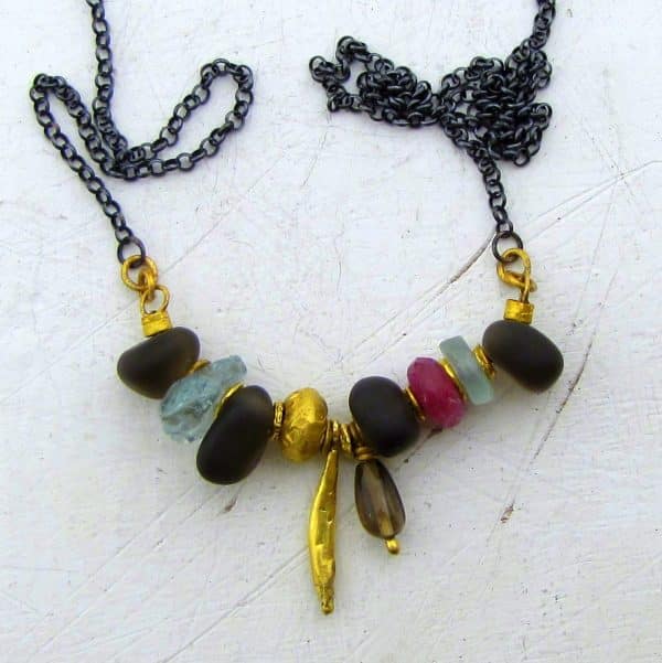 Solid 24k Gold and Gemstone Beads Necklace