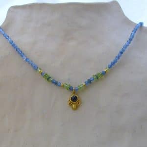 Blue Topaz Aquamarine Peridot and 24k gold necklace