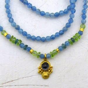 Blue Topaz Aquamarine Peridot and 24k gold necklace