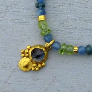 Blue Topaz Aquamarine Peridot and 24k gold necklace