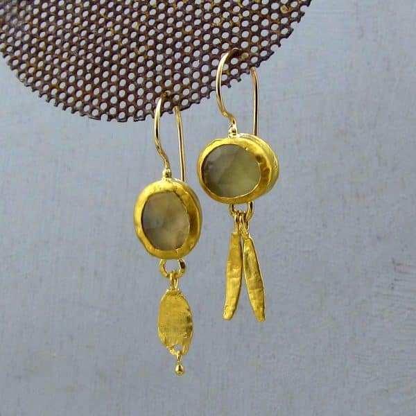 Asymmetrical 24k Solid Gold Prehnite Earrings