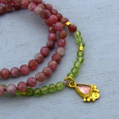 24k gold and pink Tourmaline beads necklace