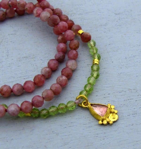 24k gold and pink Tourmaline beads necklace