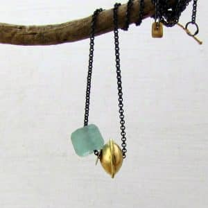 14k gold and green recycled glass beads necklace