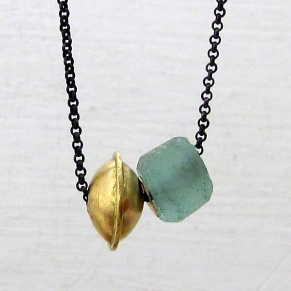 14k gold and green recycled glass beads necklace