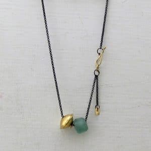 14k gold and green recycled glass beads necklace