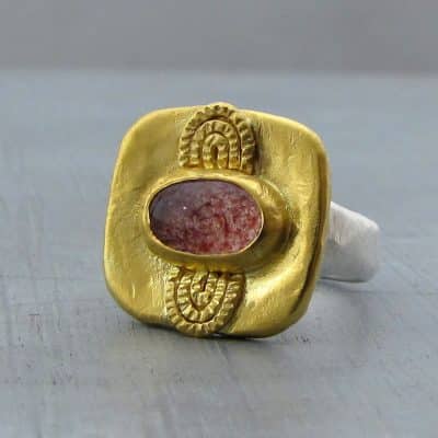 Strawberry Quartz 24k gold & silver signet ring