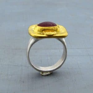 Strawberry Quartz 24k gold & silver signet ring