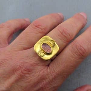 Strawberry Quartz 24k gold & silver signet ring